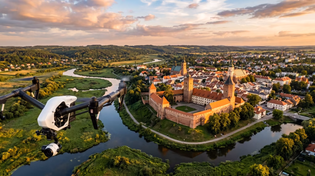 Filmowanie dronem Łęczyca – filmy 4K dla firm, zamek i nieruchomości