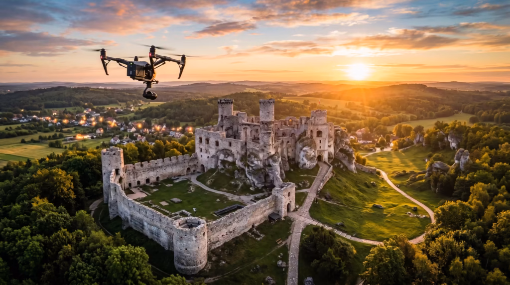 Filmowanie dronem Zawiercie – filmy 4K dla firm, Jury i zamku Ogrodzieniec