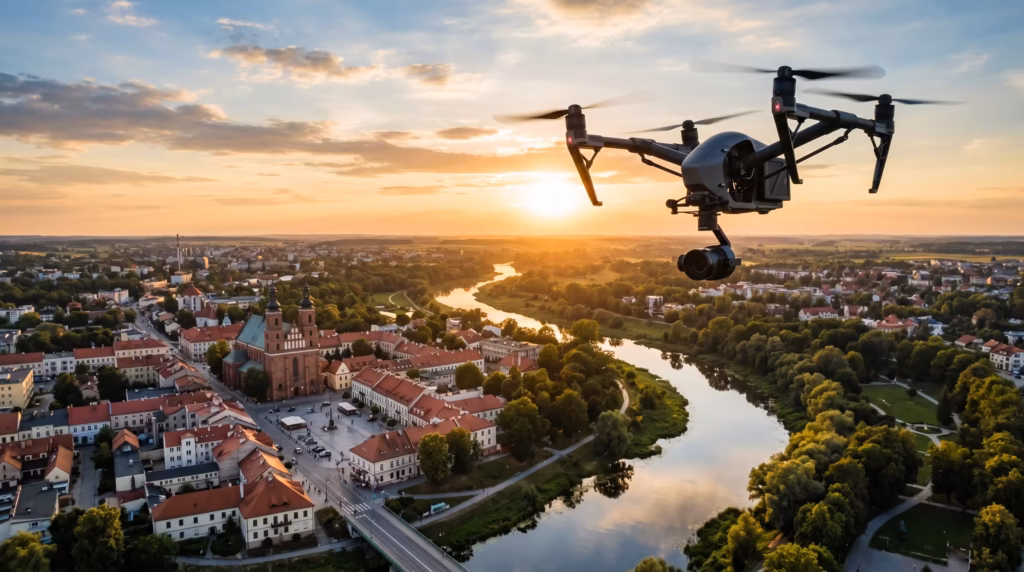 Filmowanie dronem Sieradz – filmy 4K dla firm, nieruchomości i Warty